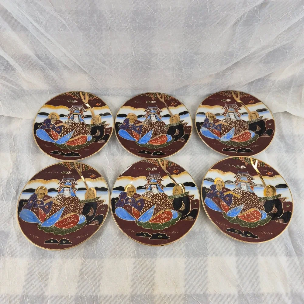 Vintage Japanese Satsuma Moriage Plates Set of 6 Hand Painted Immortals 7.25